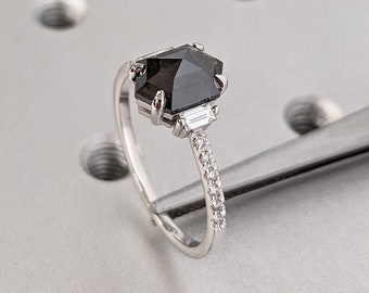 Hexagon cut Salt and Pepper Black Diamond Women Wedding Anniversary Ring | Solid Gold Bridal Jewellery | Baguette, Round Diamond Eternity