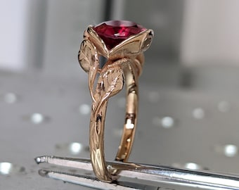 2kt robijnrode verlovingsring, bladerenring robijnrode ring, robijnrode verlovingsring blad verlovingsring roségouden robijnrode ring, bladring, natuurring