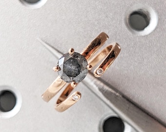 Minimalist Salt & Pepper Diamond Engagement Rings for Women, Bridal Set of 2 Dainty Wedding Rings, 14K Solid Rose Gold Promise Rings Set