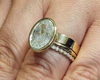 4ct Oval Moissanite Solitaire 3 Ring Wedding Set | 14K Yellow Gold Diamond Hidden Halo Promise Ring | Bezel Set Half Eternity Ring for Her
