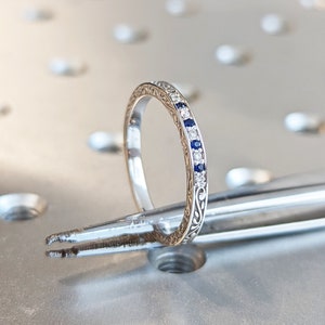 Solid Gold Sapphire Wedding Band, 14k Gold Eternity Ring for Women, Thin Stacking Ring, Blue Gemstone Ring, Minimalist Diamond Sapphire Ring