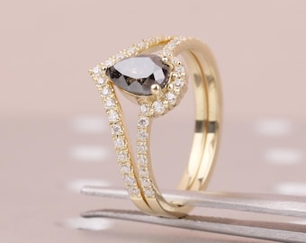 Conjunto nupcial de oro amarillo de 14k con diamantes talla pera y sal y pimienta, anillo de compromiso vintage