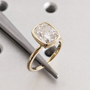 Elongated Cushion Cut Moissanite Ring / Solitaire Bezel Set Ring / Yellow Gold Engagement Ring / Bridal Set / Stackable Ring / Gift For Her