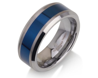 Shiny Blue Tungsten Ring, Blue Tungsten Band, Blue Wedding Ring, Tungsten Wedding Band, Blue And Silver Ring, Blue Band Wedding Ring