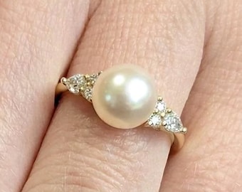 Dainty Pearl Engagement Ring: 7mm Akoya Pearl, Pear & Round Diamond Accents, 18k Solid Gold, June Birthstone Ring, Unique Promise Ring