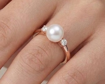 Pearl Engagement Ring, 14k Rose Gold Wedding Rings with Moissanite Accents, Pearl Jewelry