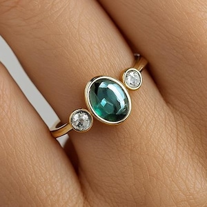 Oval Teal Sapphire Ring with Diamond Accents, Bezel Set Sapphire Ring, 14K Yellow Gold Blue Green Peacock Sapphire Bridal Ring, 3 Stone Ring