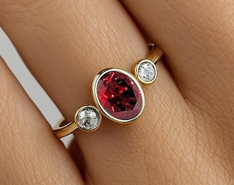 Bezel Set Ruby Engagement Ring, 14K Gold Bezel Set Ruby Ring, Oval Lab Ruby Ring, Vintage Ruby Ring, Three Stone Ring, Dainty Ring for Women