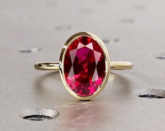 Anel de rubi com engaste em ouro amarelo maciço 14K, anel de noivado feminino com pedra preciosa - Anel de compromisso delicado, presente de aniversário para ela, pedra de nascimento de julho