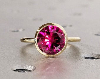 Conjunto de moldura Anel de rubi Anel de noivado com pedras preciosas em ouro amarelo sólido 14K para mulheres - Anel de promessa delicado, presente de aniversário de pedra de nascimento de julho para ela