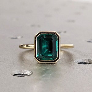 Unique May Birthstone Ring, Emerald Cut Emerald Engagement Ring, Bezel Set Emerald Anniversary Ring For Her, Vintage Solitaire Promise Ring