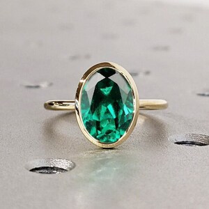 Unique May Birthstone Ring, Oval Cut Emerald Engagement Ring, Bezel Set Emerald Anniversary Ring For Women, Vintage Solitaire Promise Ring