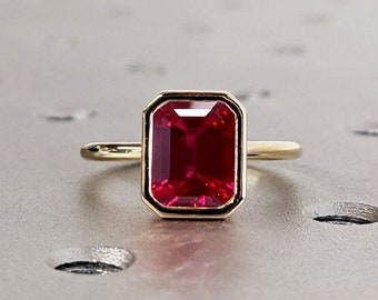 Conjunto de moldura Anel de rubi Anel de noivado com pedras preciosas em ouro amarelo sólido 14K para mulheres - Anel de promessa delicado, presente de aniversário de pedra de nascimento de julho para ela