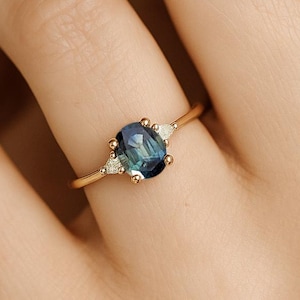 Teal Sapphire Ring, Oval Engagement Ring, September Birthstone Ring, Handmade Rings for Women, Dainty Gold Ring, Blue Green Sapphire Ring