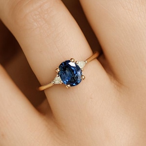 Blue Sapphire Ring, Oval Sapphire Engagement Ring, 14k Gold Promise Ring, Lab Created Sapphire Ring, Unique Three Stone Anniversary Ring