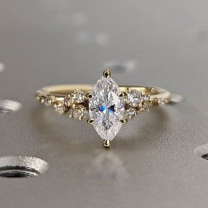 Marquise Cut Moissanite Ring Vintage Moissanite Engagement Ring Solid Gold Unique Snowdrift 6 Prongs Engagement Ring Diamond Wedding Ring
