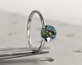 Round Cut Natural Teal Sapphire Engagement Ring, Blue Green Montana Sapphire, Round Engagement Ring, 4 Prong Setting Solitaire Wedding Ring