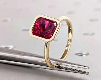 Conjunto de moldura Anel de rubi Anel de noivado com pedras preciosas em ouro amarelo sólido 14K para mulheres - Anel de promessa delicado, presente de aniversário de pedra de nascimento de julho para ela