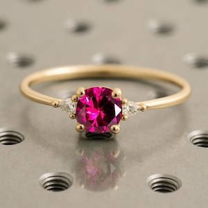 Vintage Ruby Ring, Dainty 14k Yellow Gold Ruby Ring, Lab Ruby and Diamond Engagement Ring, Unique Ruby Gemstone Ring, July Birthstone Ring