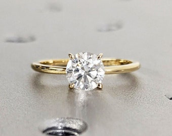 Anillo de compromiso Moissanite de corte redondo, anillo de compromiso redondo solitario de 4 puntas, anillo de corte redondo, anillo nupcial de boda Moissanite de oro macizo de 14K