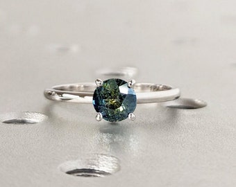 Round Cut Peacock Sapphire Engagement Ring, Blue Green Teal Sapphire Ring, Round Engagement Ring, 4 Prong Setting Solitaire Minimalist Ring