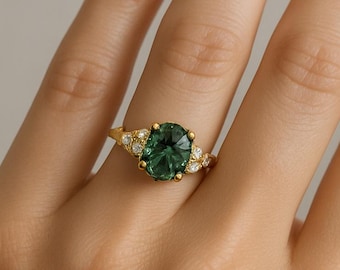 Anello in oro massiccio con zaffiro verde acqua e diamanti / Anello di fidanzamento ovale / Anello con pietra preziosa verde blu / Anello da sposa da donna / Gioielli fatti a mano