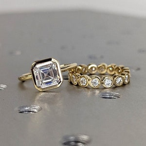 2CT Asscher Cut Moissanite Solitaire Ring, 14K Yellow Gold Engagement Ring, Bezel Setting, Statement Ring, Gift For Her, Bridal Set, Vintage