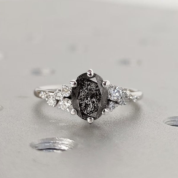 Salt And Pepper Ring Vintage Diamond Engagement Ring 14K Gold Unique Snowdrift 6 Prong Engagement Ring Diamond Wedding Ring For Her Art Deco