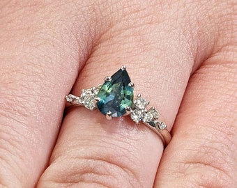 Montana Sapphire Engagement Snowdrift Cluster Ring, Pear Cut Blue Green Teal Peacock Sapphire, Vintage Style Art Deco Bridal Engagement Ring