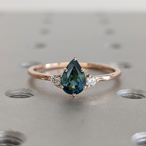One of a Kind Montana Sapphire Ring, Pear Teal Sapphire Diamond/Moissanite Trellis Ring, Vintage Inspired Peacock Sapphire Engagement Ring