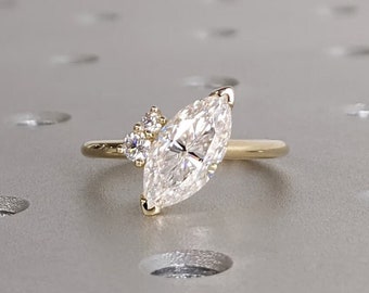 Asymmetrical Marquise Engagement Ring, Marquise Lab Diamond Engagement Ring, Cluster Wedding Ring, Trellis Anniversary Ring, 14K Solid Gold