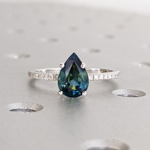 Bague unique en son genre avec saphir du Montana, bague en diamants saphir bleu, bague de fiançailles en saphir bleu d&#39;inspiration vintage, sarcelle verte en or 14 carats