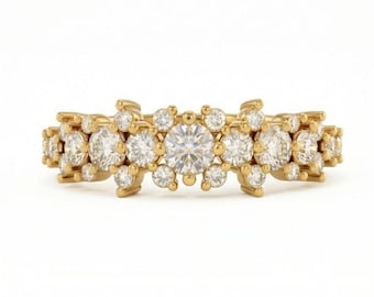 Anello a grappolo in oro giallo 14k / Anello a grappolo con diamanti naturali / Anello unico con diamanti impilabili / Fede nuziale con diamanti