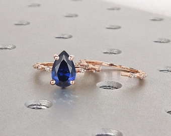 14K Rose Gold Peer gesneden Blue Lab Sapphire Women Wedding Anniversary Ring | Ronde diamanten zwevende bubbel sierlijke platina stapelringset