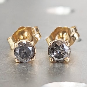 0.5CT Salt And Pepper Diamond Earring Studs, Minimalist Diamond Earring Stud, Round Cut Diamond Earring Pair, 14K Solid Yellow Gold Earrings