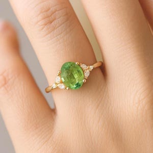 1 Carat Green Sapphire Gemstone Engagement Ring | Oval Sapphire Ring | Sapphire and Diamond Wedding Anniversary Ring | 14k 18k Gold Ring