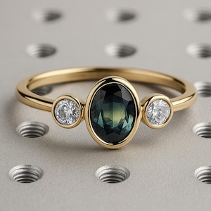 Oval Cut Teal Sapphire Ring, Ocean Blue Green Sapphire Promise Ring, 14K Gold Sapphire Engagement Ring, Bezel Set Sapphire and Diamond Ring