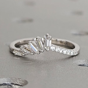 Baguette diamond moissanite wedding band Curved wedding band White gold band Vintage Antique Matching stacking band Bridal Anniversary band