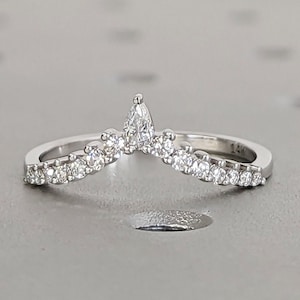 Pear shaped curved wedding band White gold moissanite wedding band unique vintage diamond stacking matching wedding Bridal Gift for women