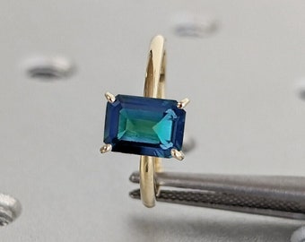 Natural Teal Sapphire Engagement Ring, 4 Prong Setting Ring, Emerald Cut Solitaire Montana Sapphire, Blue Green Peacock Sapphire Ring Bridal