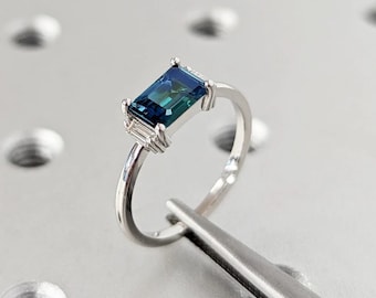 Unique Blue Green Montana Sapphire Engagement Ring, Teal Sapphire and Diamond/Moissanite Baguette Ring, Vintage Style Art Deco Wedding Ring