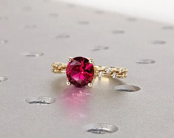 Knife Edge Solid Gold Band Lab Ruby Engagement Wedding Ring Set | Floating Bubble Round Diamond Dainty Platinum Bridal Jewelry for Her