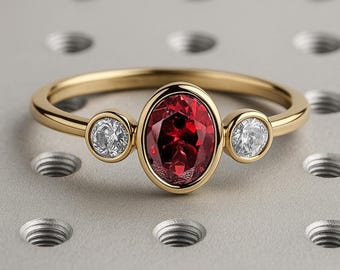 Oval Three Stone Engagement Ring, Oval Ruby Ring, Bezel Set Lab Ruby Ring, July Birthstone Promise Ring, Dainty Engagement Ring, Bridal Gift