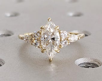 Marquise Engagement Ring, Marquise Lab Diamond Engagement Ring, IGI Certified, Claw Prong, Marquise & Round Accent Diamond Gold Wedding Ring