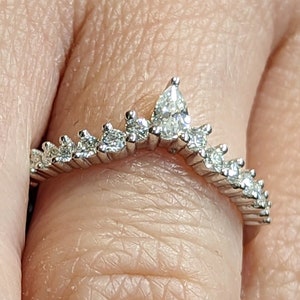 Art deco dainty curved Diamond wedding band Unique white gold dainty band vintage Bridal stacking matching band Anniversary ring prong ring