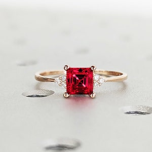Radiant Red Ruby Engagement Ring in Solid Gold | Lab Ruby Ring in 14K Rose Gold | Square Ruby Promise Ring | Woman Wedding Anniversary Gift