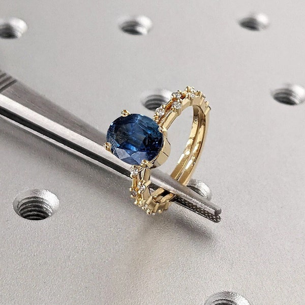 Oval cut Lab Grown Sapphire 14K 18K Yellow Gold Women Engagement Cocktail Ring | Dainty Platinum Round Diamond Eternity Stacking Ring Set