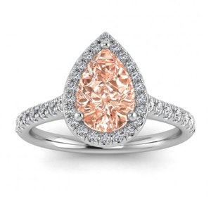 14k Rose Gold Tear of Joy Pear Halo Pear Morganite and Diamond Ring ...