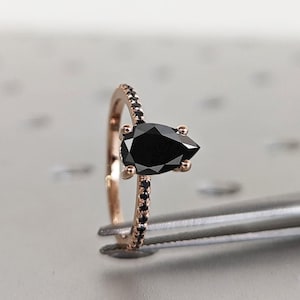 Black Diamond Engagement Rings for Women | 14k Rose Gold Black Diamond Eternity Band | Dainty Diamond Ring | Solid Gold Thin Ring | Pear cut