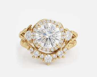 1-4ct Moissanite Round Halo Engagement Ring Set | 14k/18k Gold Curve Wedding Rings for Women | Nature Inspired Bridal Jewelry Gift